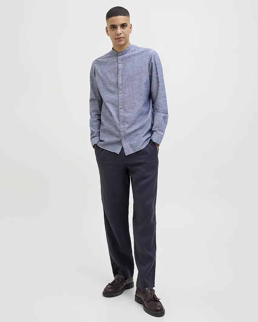 Camicia alla coreana color denim comfort-fit in cotone e lino