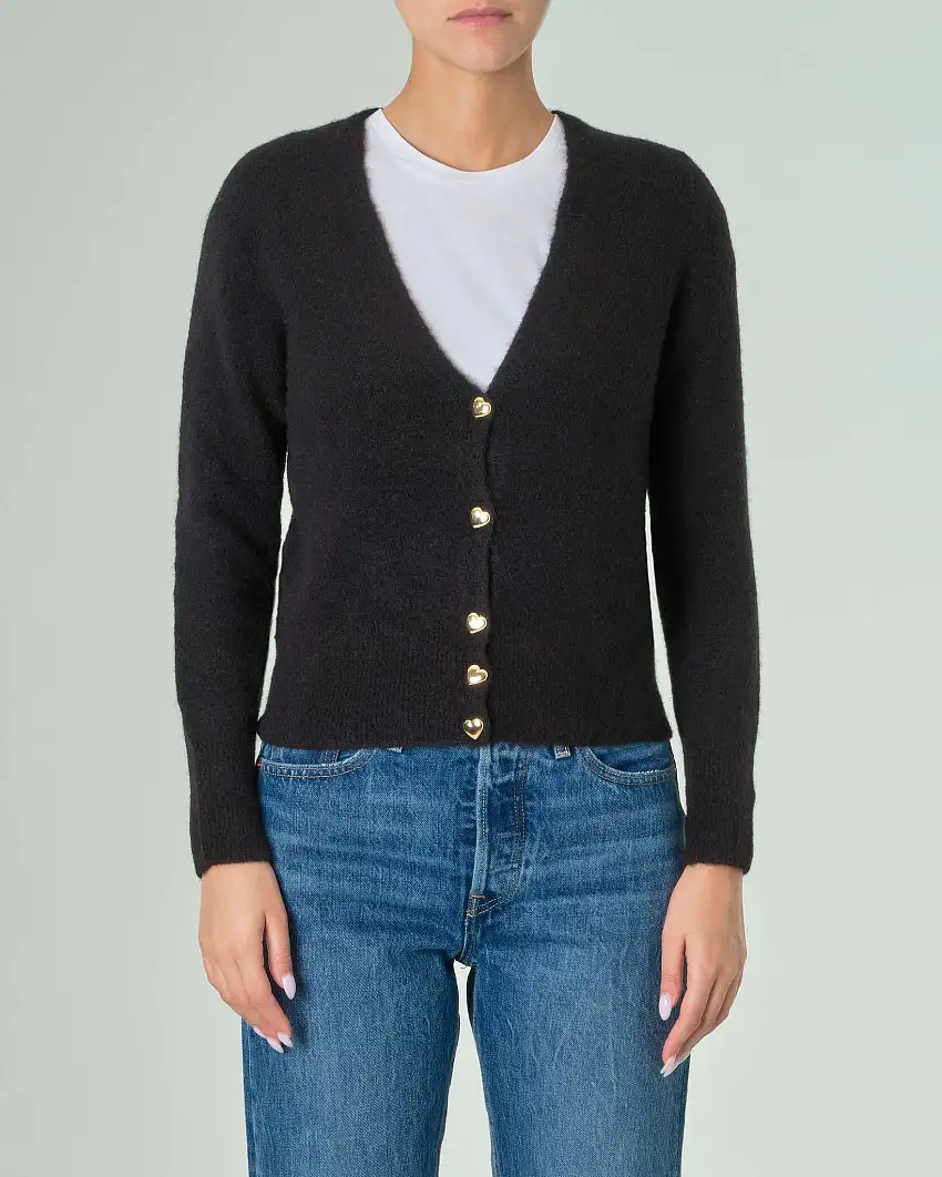 Cardigan nero corto in misto alpaca con bottoni dorati a cuore