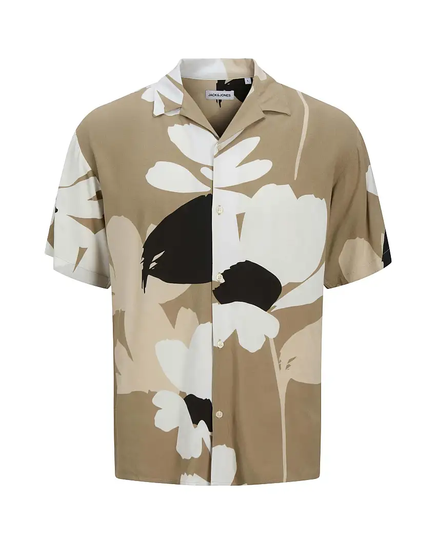 Camicia bowling a mezze maniche color cammello a fantasia floreale bianca e nera in viscosa