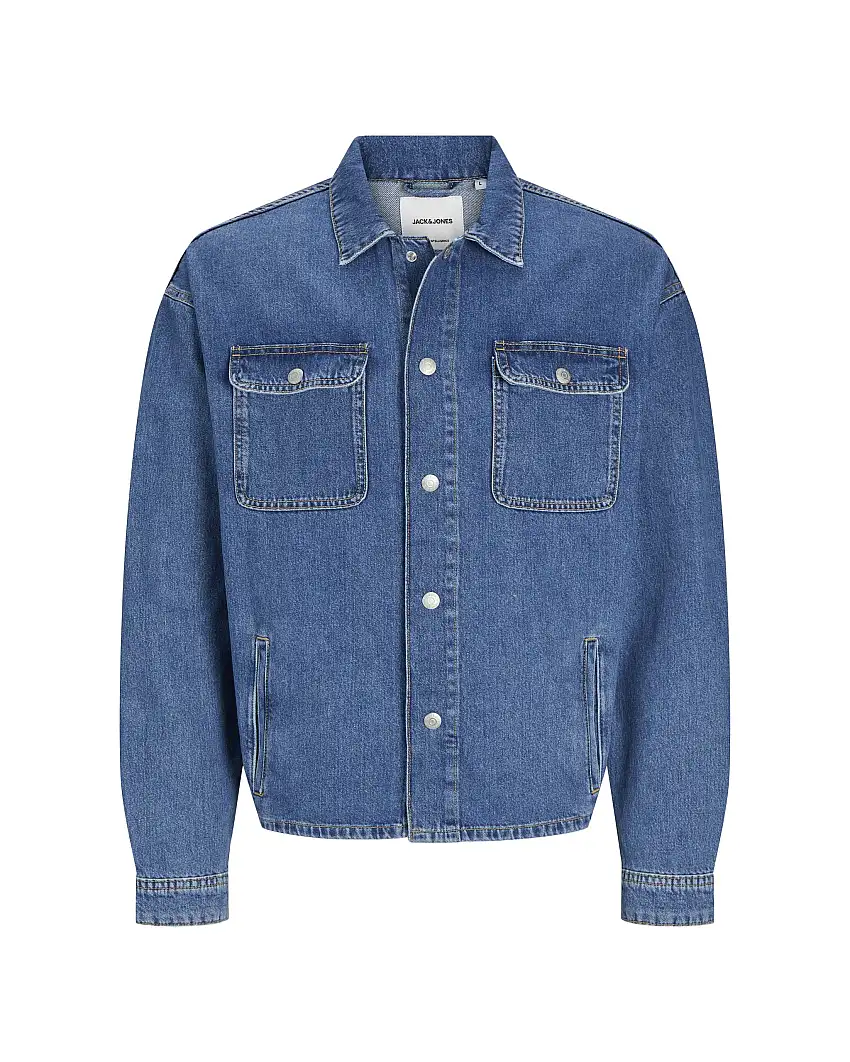 Overshirt in denim lavaggio medio di puro cotone con tasche al petto