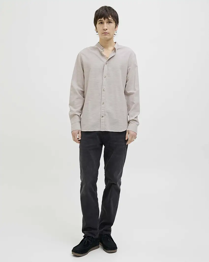 Camicia alla coreana beige comfort-fit in cotone e lino