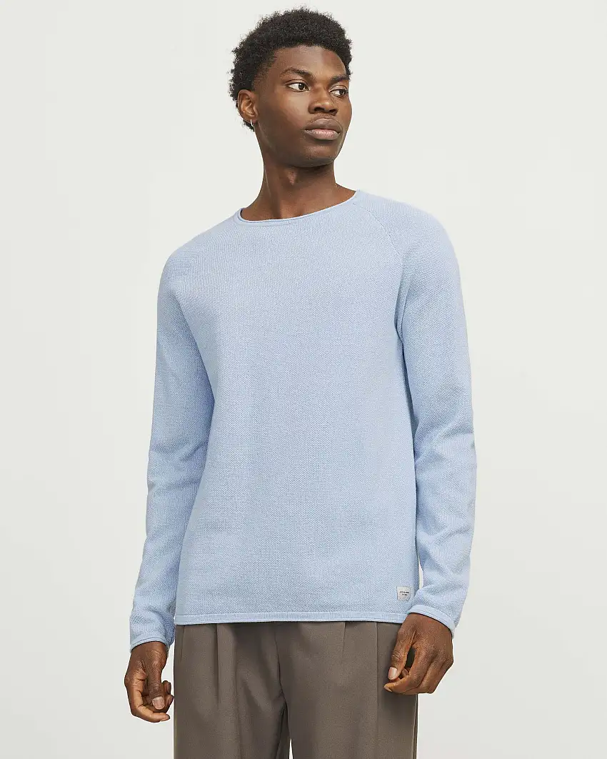 Maglia azzurra girocollo in puro cotone punto pepe con maniche raglan