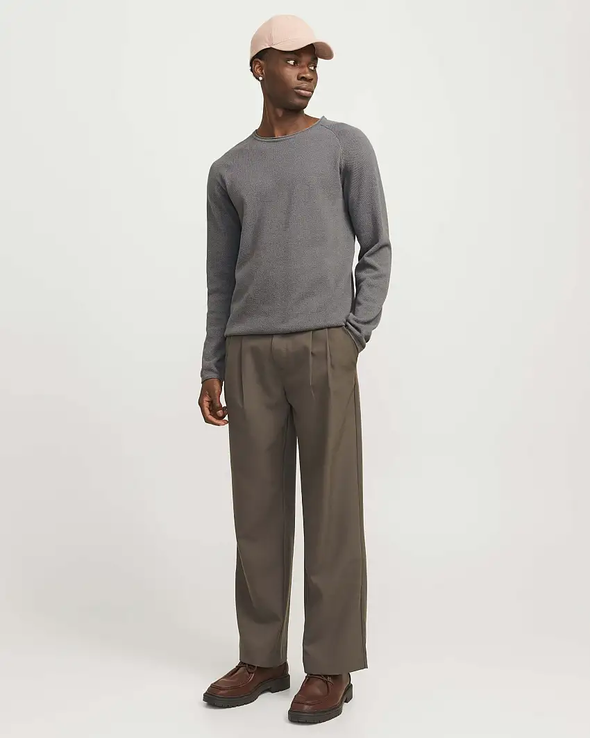 Maglia grigia girocollo in puro cotone punto pepe con maniche raglan