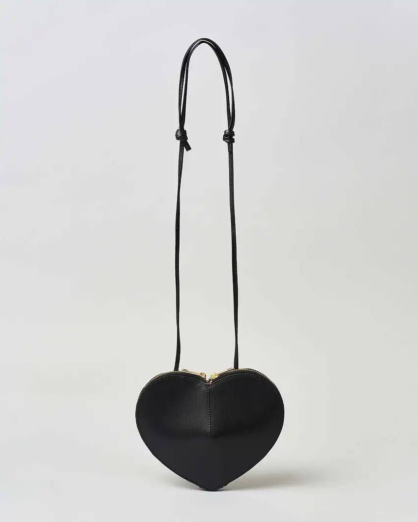 Borsa a cuore nera in pelle liscia con tracolla regolabile e doppia cerniera