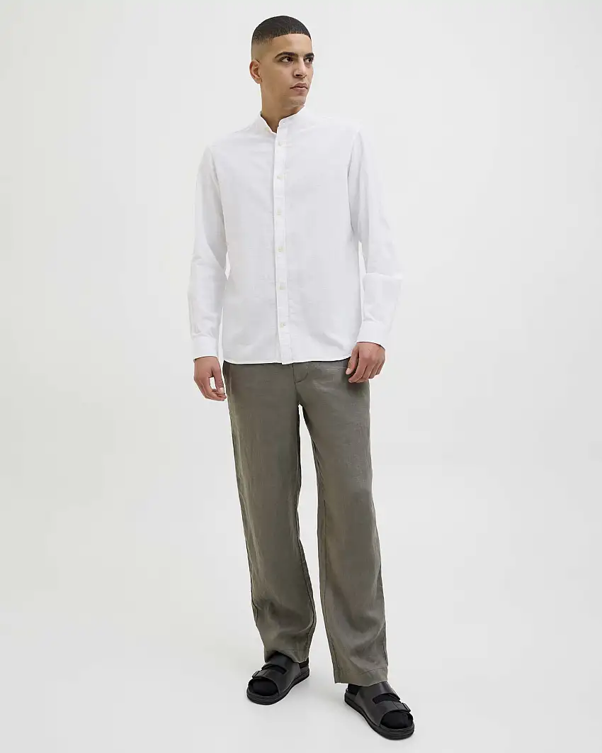 Camicia alla coreana bianca comfort-fit in cotone e lino