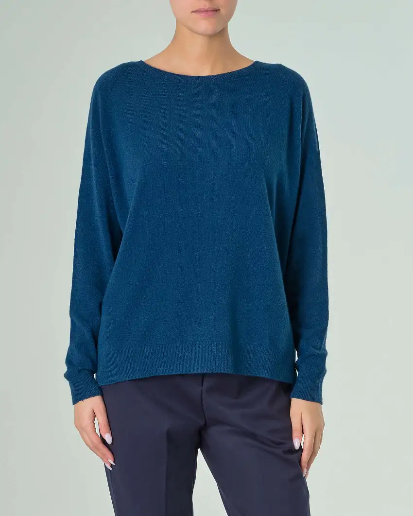 Maglia boxy color ottanio in misto viscosa con scollo tondo e maniche lunghe raglan