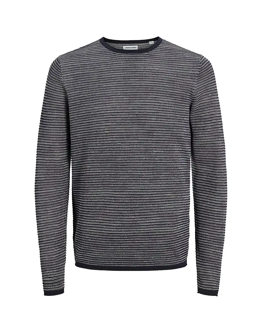 Maglia girocollo in puro cotone con lavorazione a righe blu e bianche