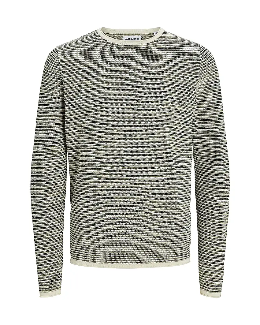 Maglia girocollo in puro cotone con lavorazione a righe salvia e blu