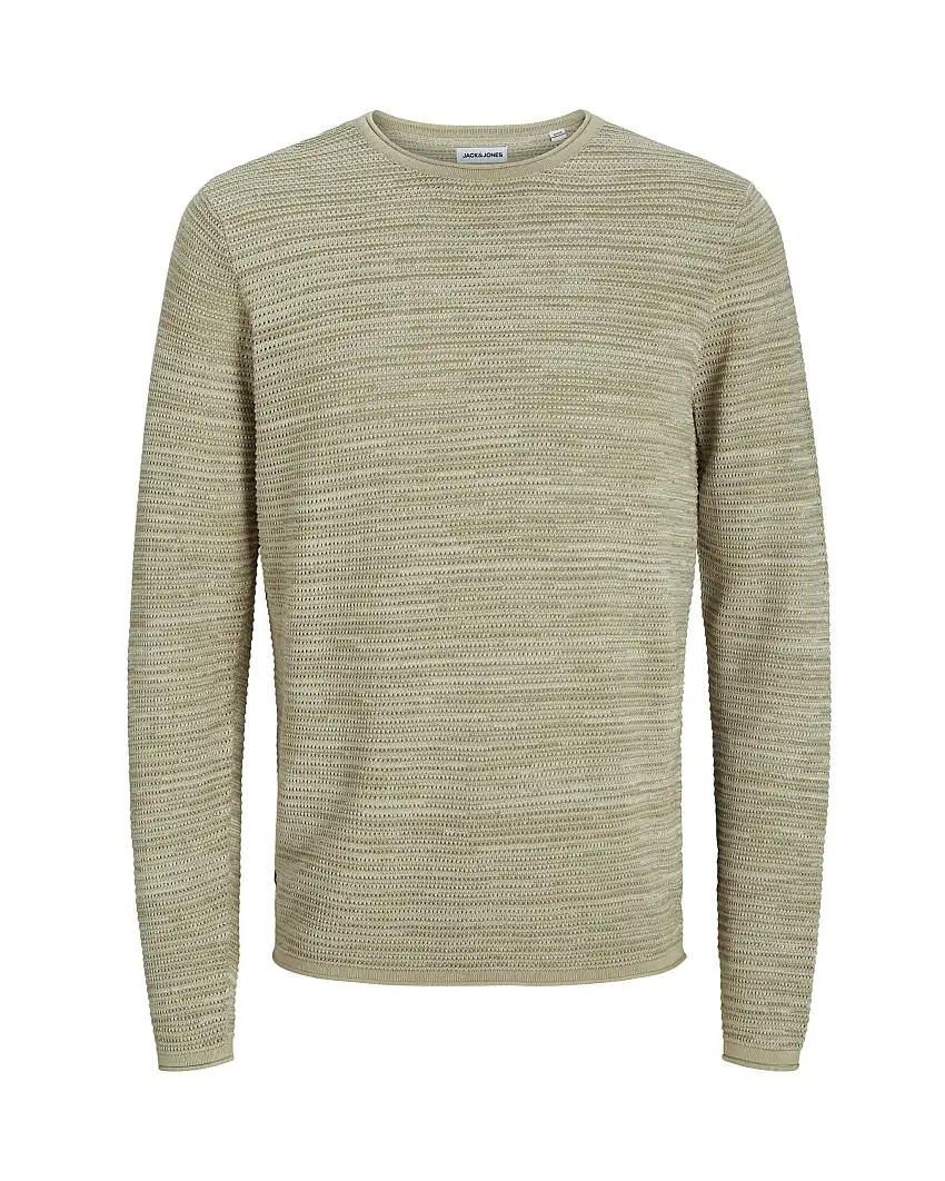 Maglia girocollo verde con motivo a righe bianche in puro cotone