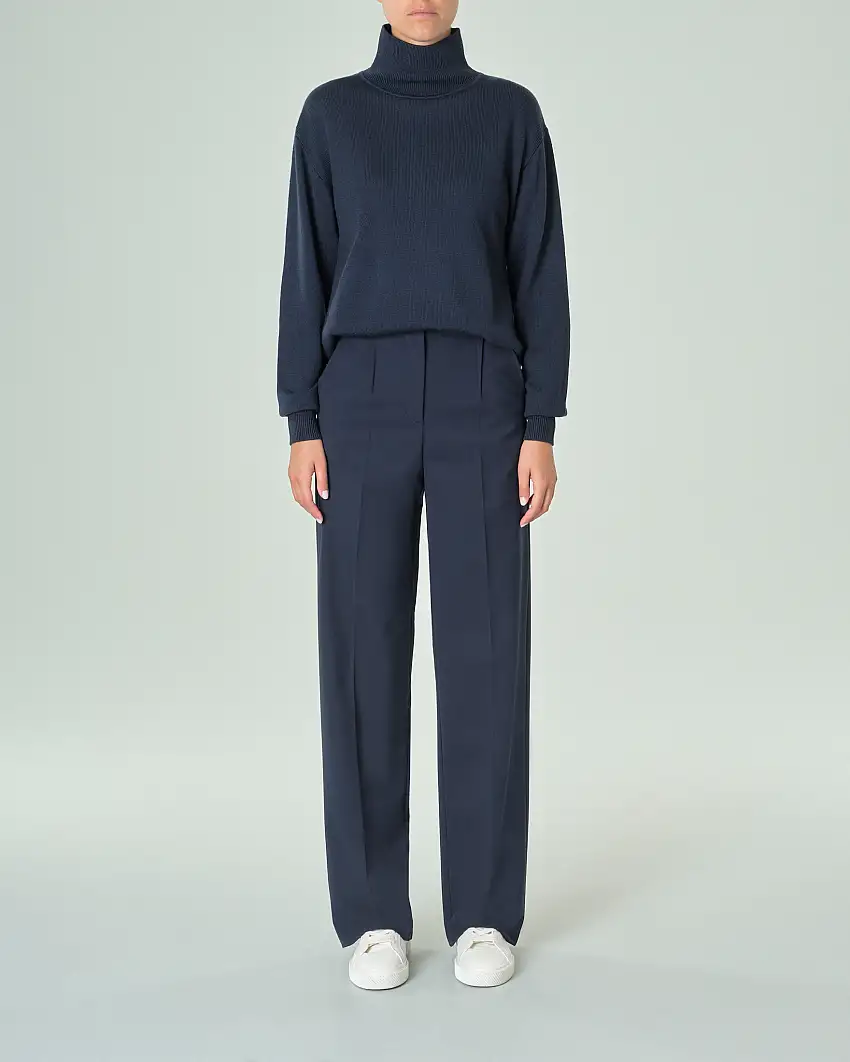 Pantaloni blu straight in misto lana vergine con piega stirata