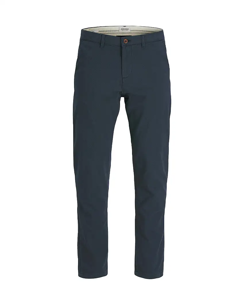 Pantaloni chino slim-fit blu a vita bassa in tessuto armaturato di cotone stretch