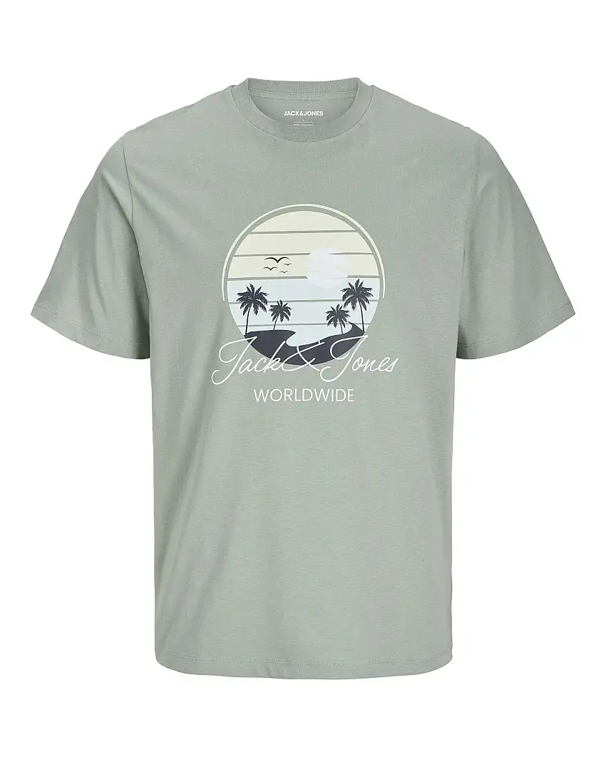 T-shirt mezza manica salvia in jersey di puro cotone con stampa grafica logo e palme sul davanti