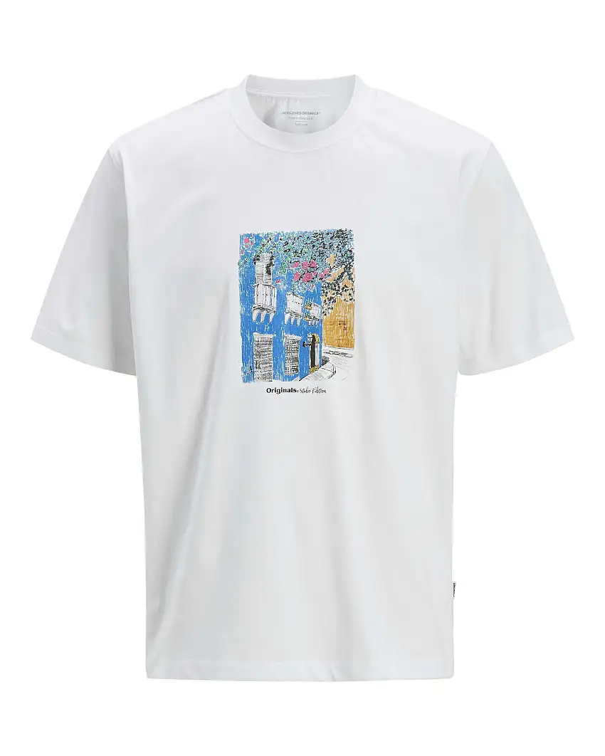 T-shirt bianca mezza manica in jersey puro cotone con grafica dipinto stampata sul davanti
