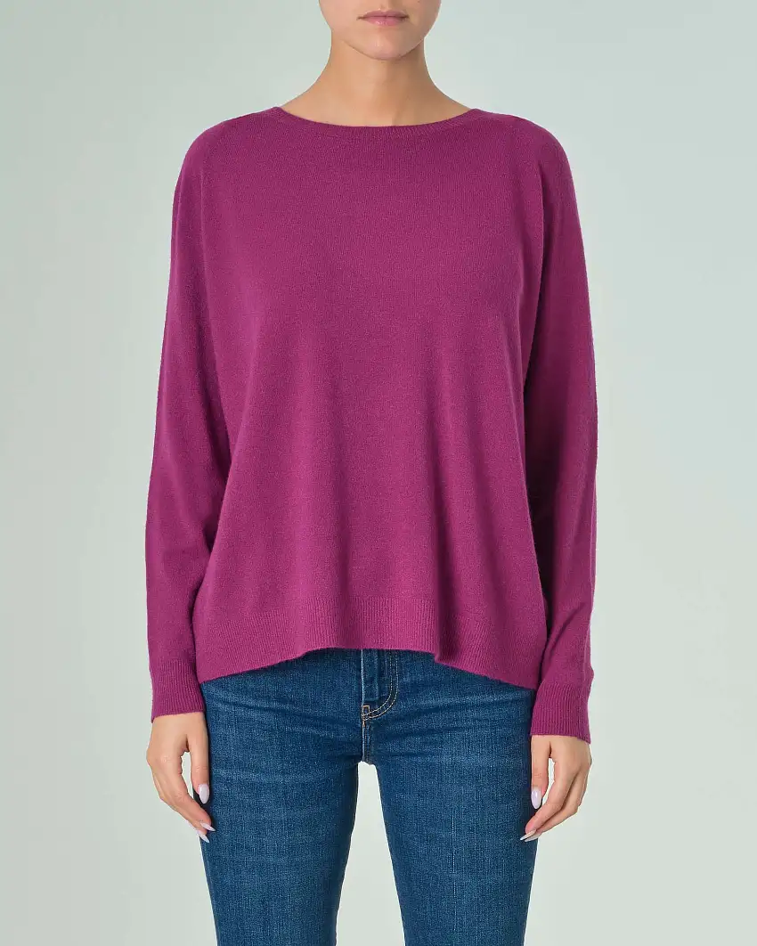 Maglia boxy color ciclamino in misto viscosa con scollo tondo e maniche lunghe raglan