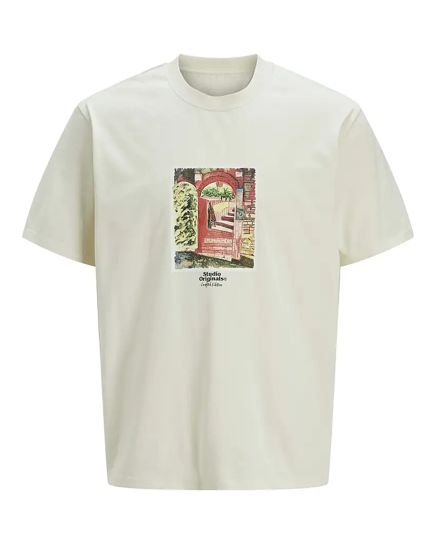 T-shirt avorio mezza manica in jersey puro cotone con grafica dipinto stampata sul davanti