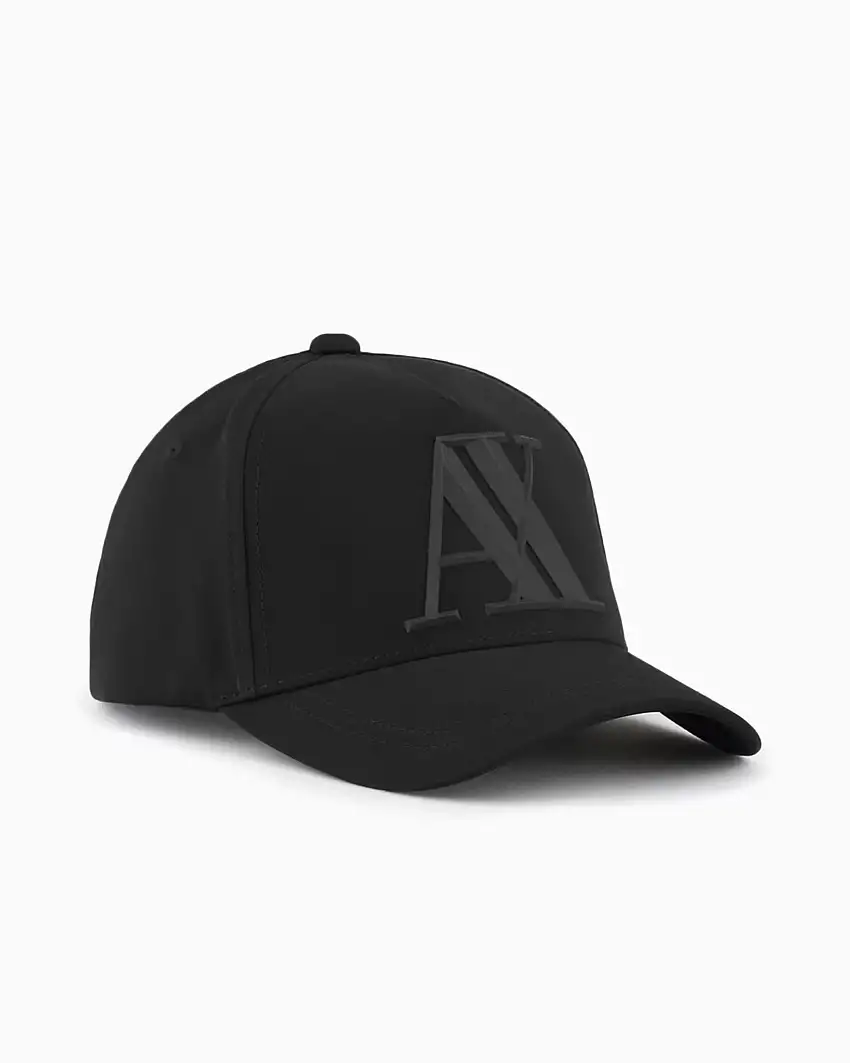 Berretto baseball Armani Exchange nero in tessuto elasticizzato con frontino e logo AX in gomma