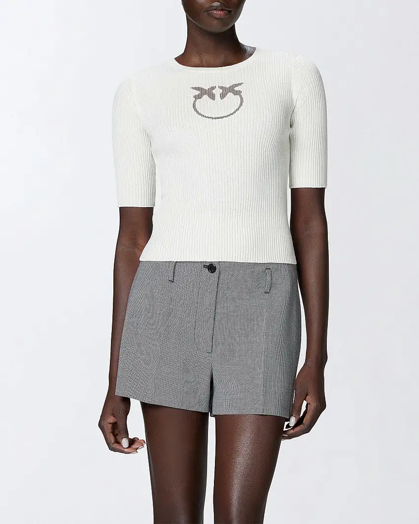 Maglia bianca in cotone e seta lavorata a costine con intarsio logo Love Birds davanti in trasparenza