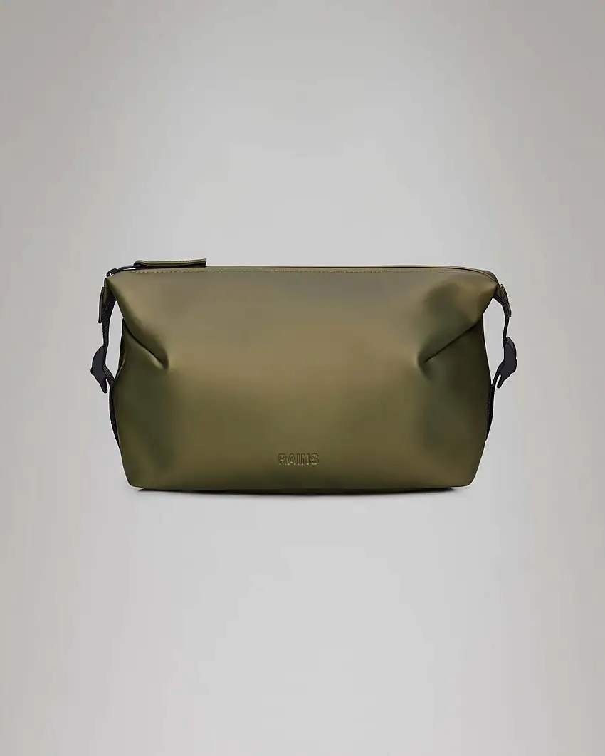 Hilo Wash Bag verde militare metallizzato in tessuto impermeabile effetto gommato con cinturini regolabili