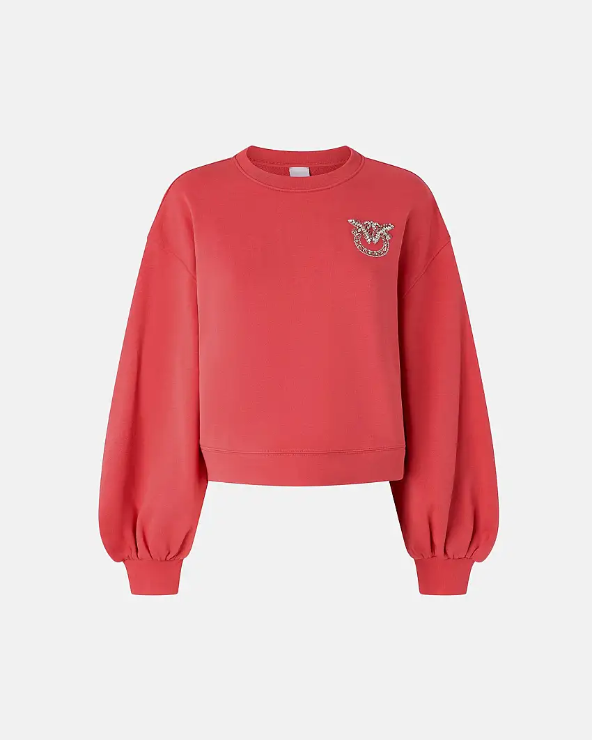 Felpa girocollo rossa boxy-fit in cotone con ricamo gioiello Love Birds sul petto