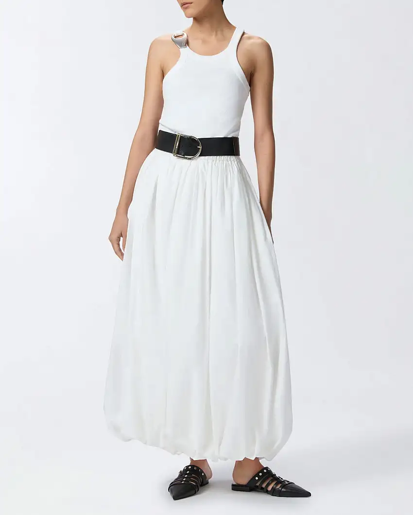 Gonna lunga bianca dalla linea balloon in popeline di puro cotone con elastico inserito in vita
