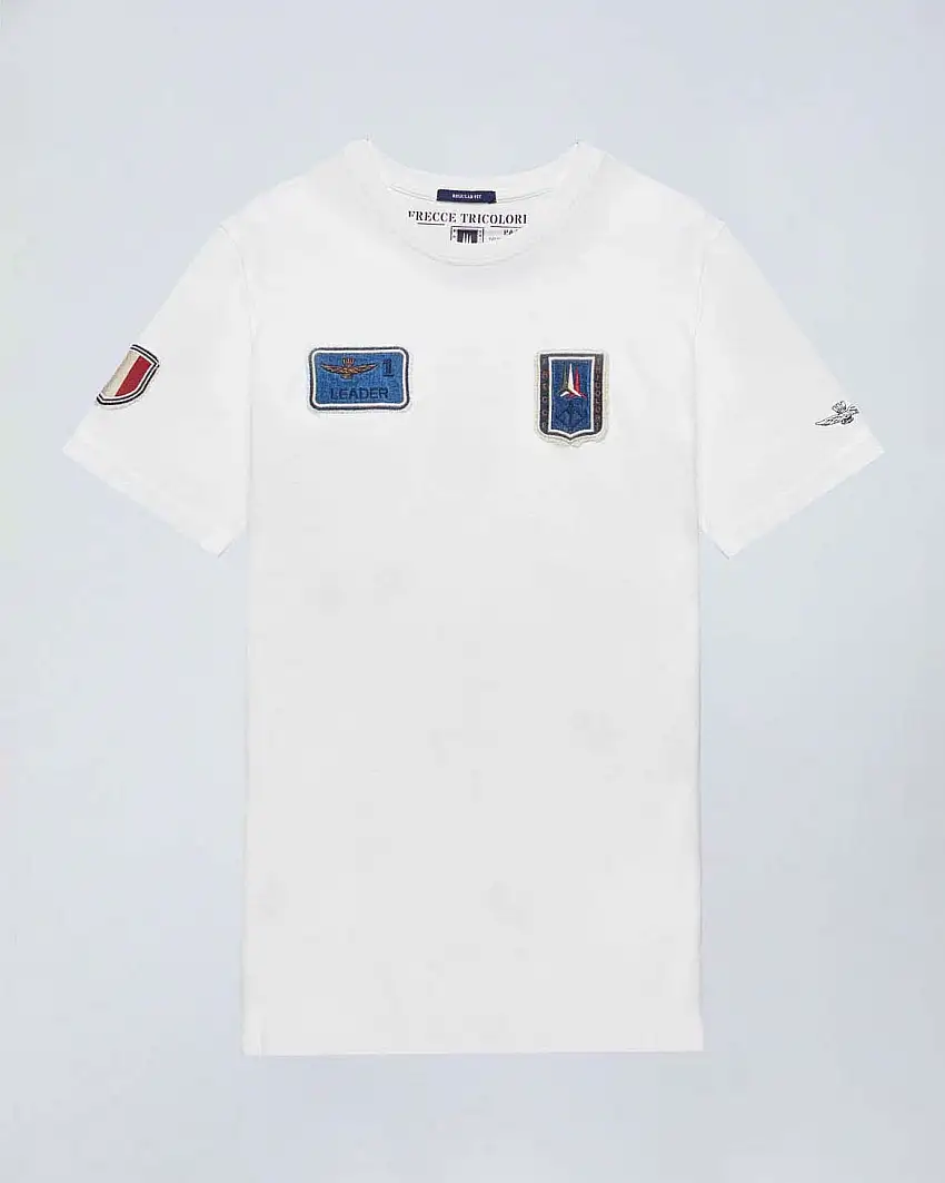 T-shirt bianca mezza manica in puro cotone con patch in denim