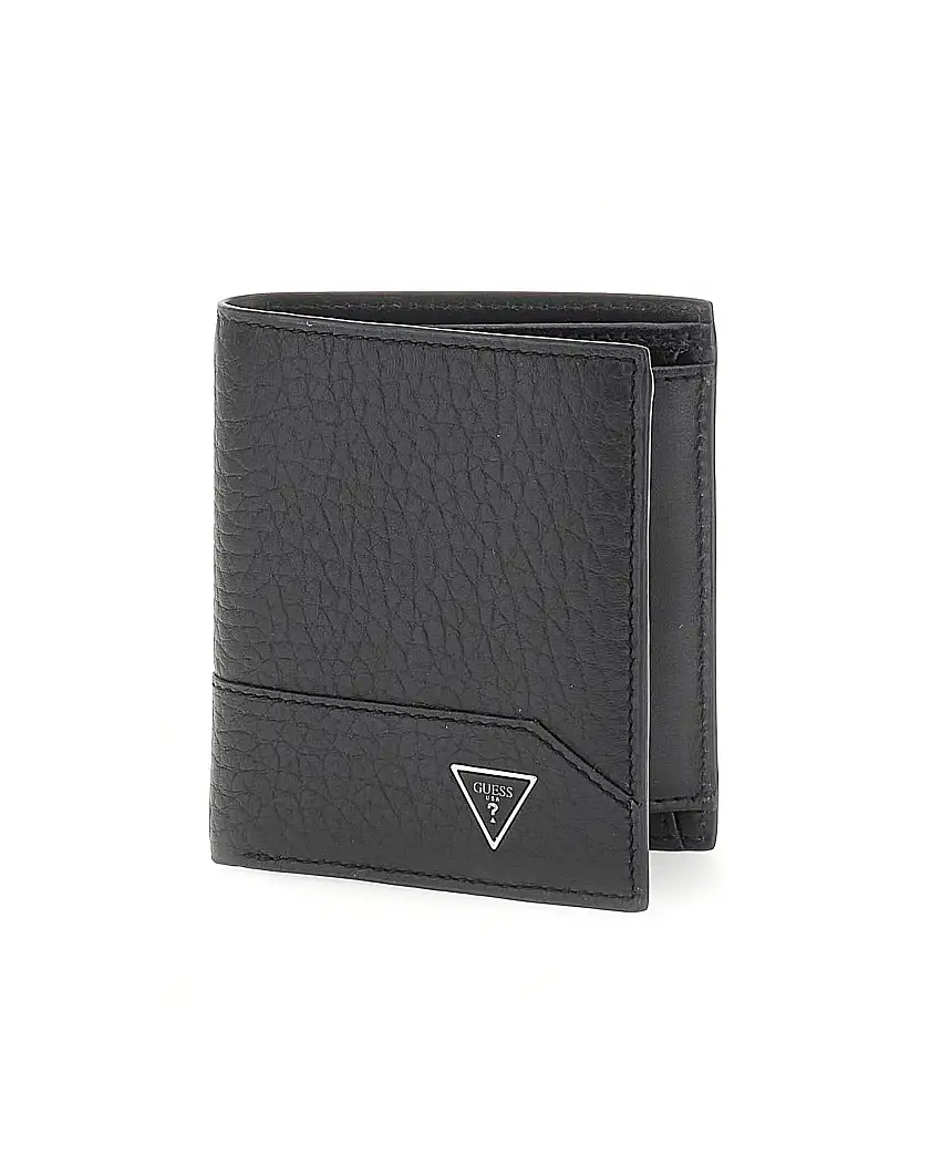 Portafoglio Guess nero piccolo in pelle martellata con logo triangolo e portamonete