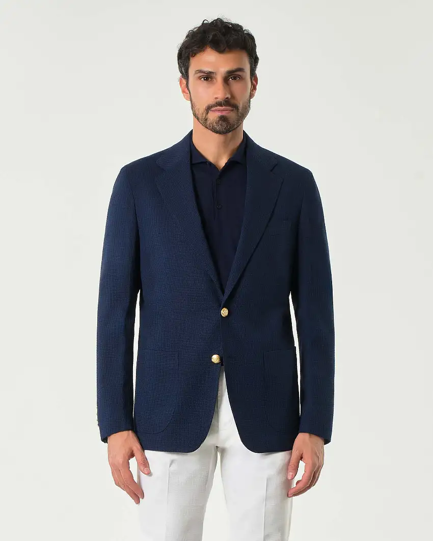 Blazer blu drop 7 in jersey di lana e cotone stretch micro armatura con bottoni dorati