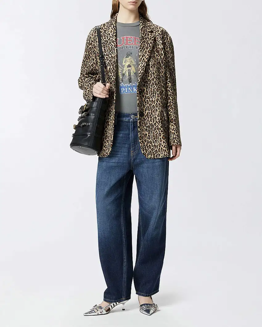 Jeans Balloon a vita alta in puro cotone lavaggio scuro ocean wash con scriariture e baffature