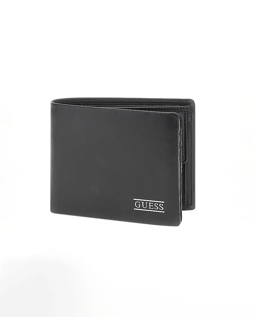Portafoglio Guess nero in pelle liscia con logo scritta in metallo e tasca portamonete
