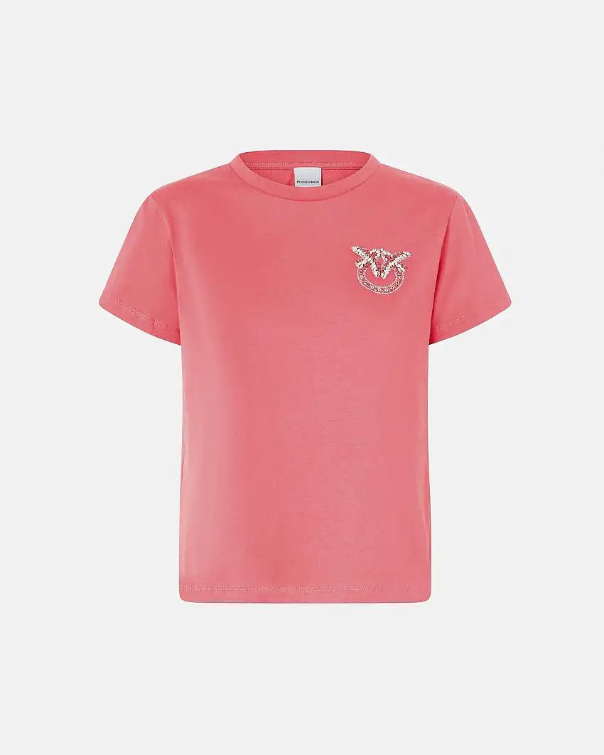 T-shirt color corallo regular-fit in jersey di cotone con logo Love Birds in strass in strass e perline