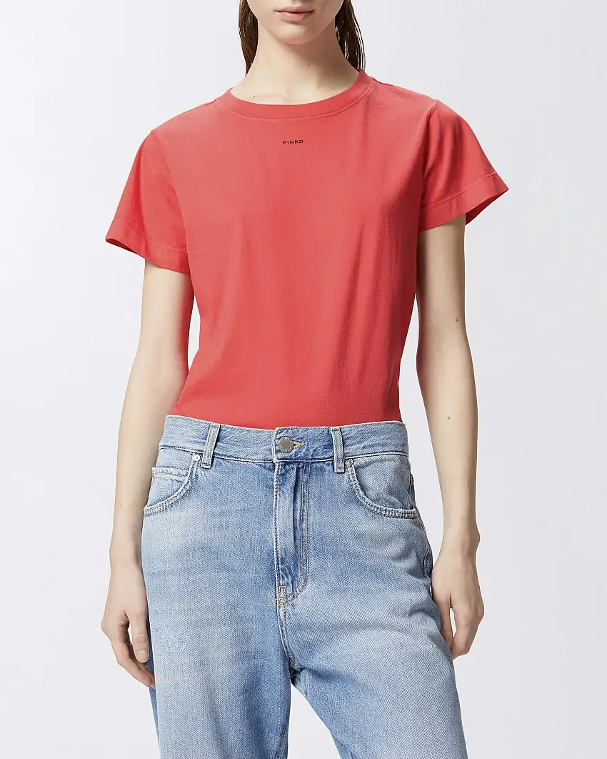 T-shirt rossa regular-fit in jersey di cotone con stampa mini logo Pinko sul davanti