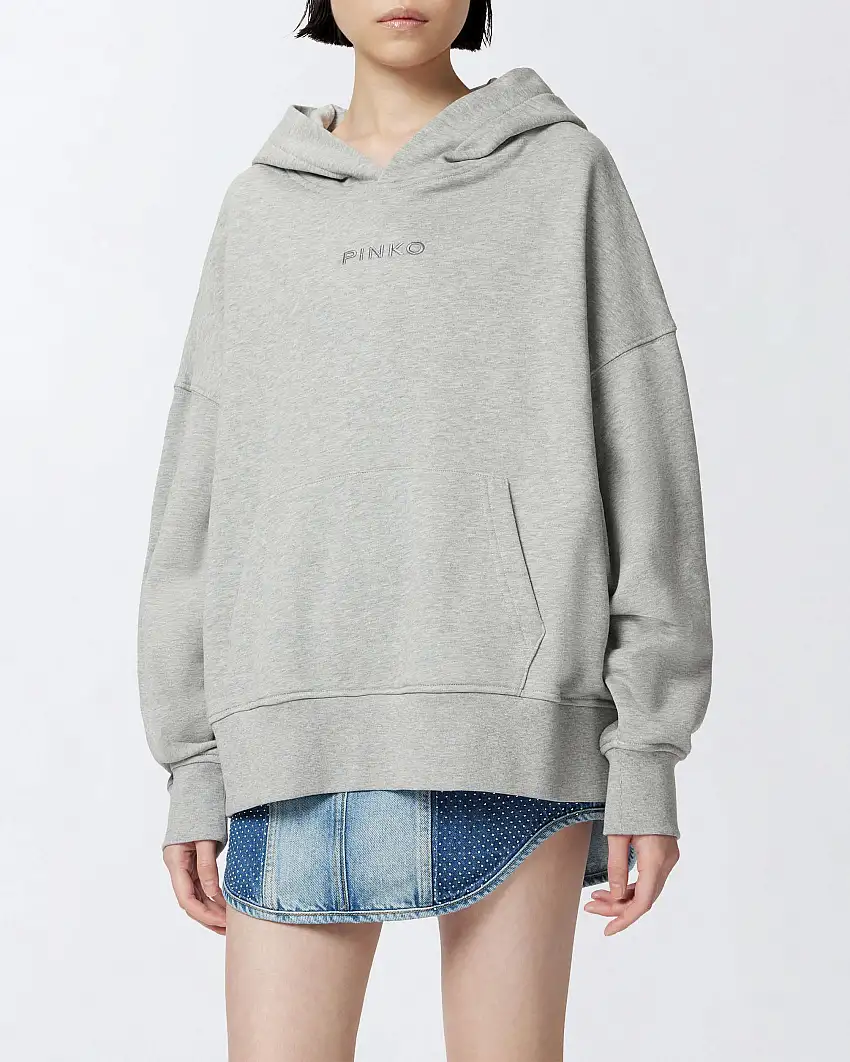 Felpa con cappuccio oversize grigio melange in cotone con ricamo logo Pinko tono su tono sul davanti