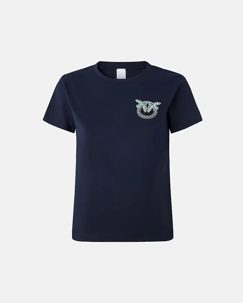 T-shirt blu regular-fit in jersey di cotone con logo Love Birds in strass in strass e perline
