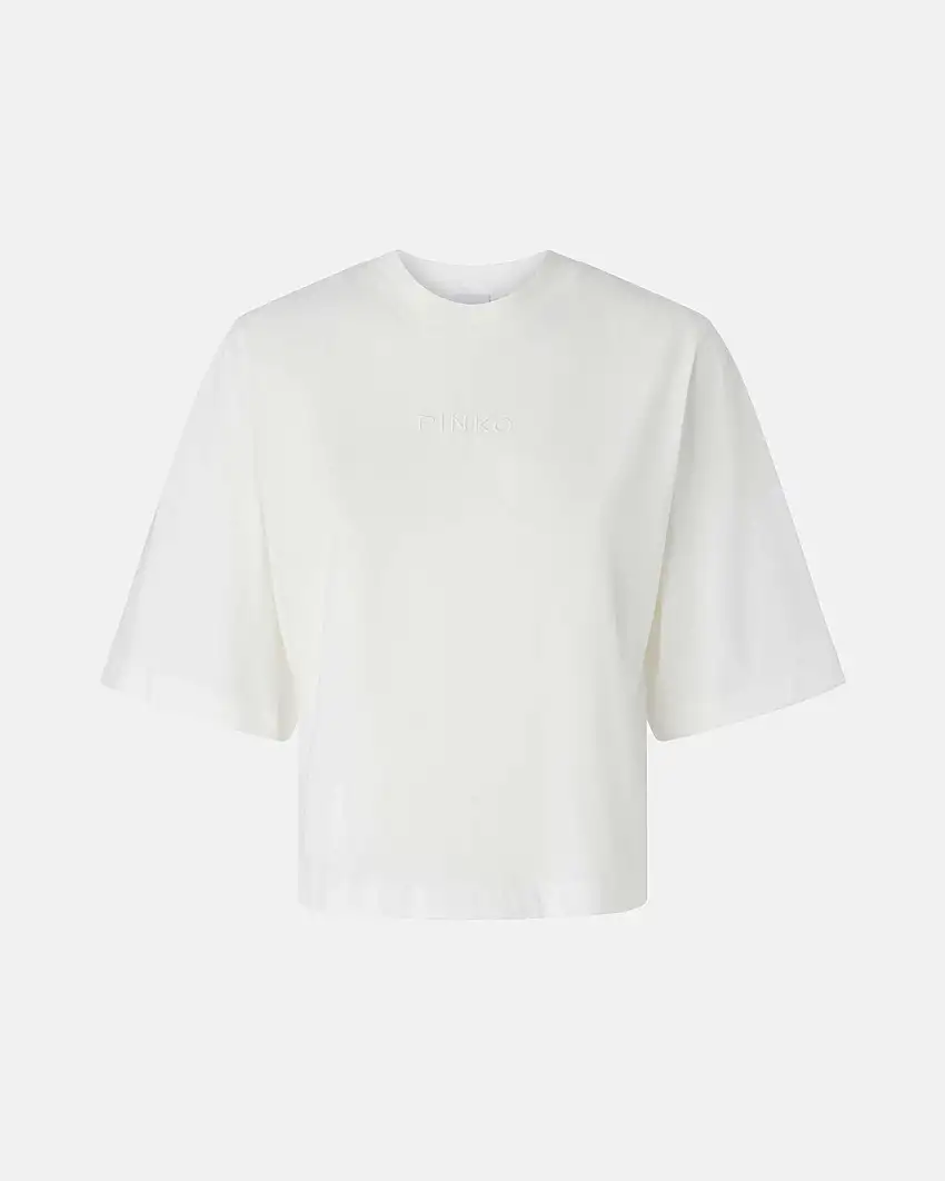 T-shirt bianca boxy-fit in jersey di cotone con logo Pinko ricamato sur ton sul petto