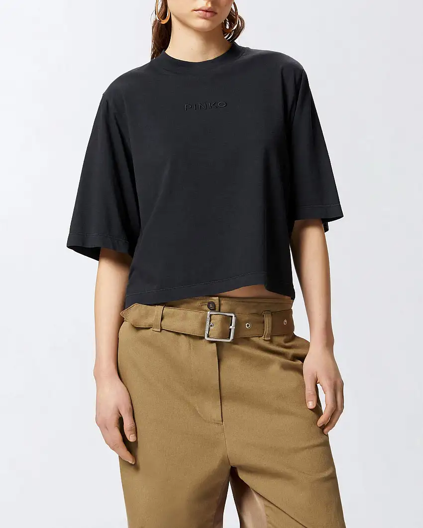 T-shirt nera boxy-fit in jersey di cotone con logo Pinko ricamato sur ton sul petto