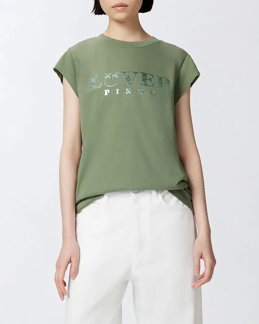 T-shirt verde militare slim-fit in jersey di cotone con stampa maxi-logo Lover metallizzata sur ton