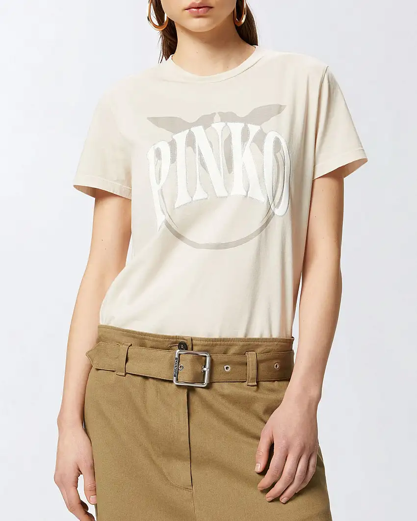T-shirt color ecrù in jersey di cotone con maxi logo Pinko e Love Birds frontale glitterato