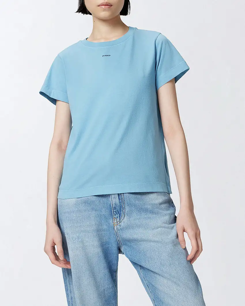 T-shirt azzurra regular-fit in jersey di cotone con stampa mini logo Pinko sul davanti