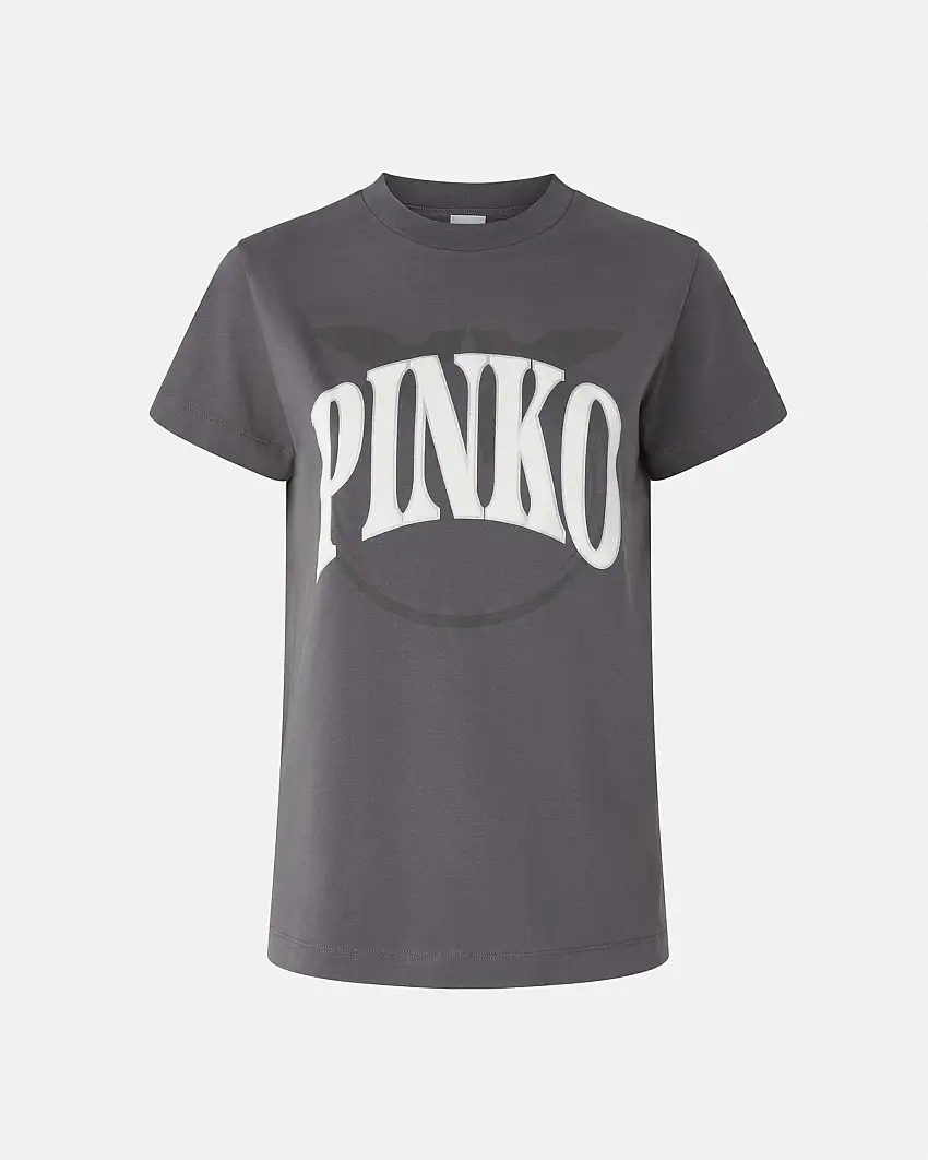 T-shirt color piombo in jersey di cotone con maxi logo Pinko e Love Birds frontale glitterato