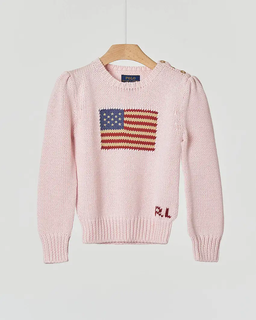 Maglia Polo Ralph Lauren rosa girocollo in cotone con bandiera USA