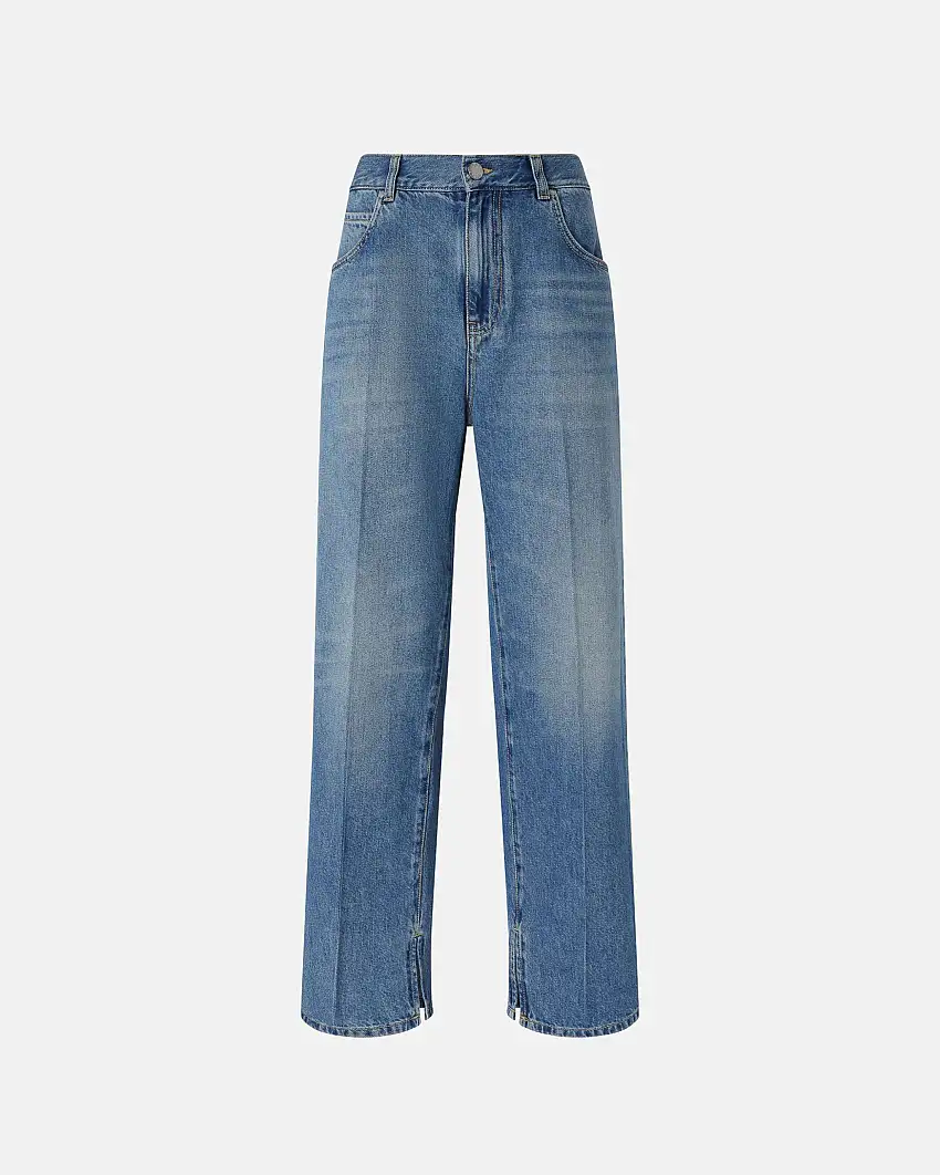 Jeans straight loose-fit in cotone e lyocell lavaggio wild ocean con spacchetti laterali al fondo