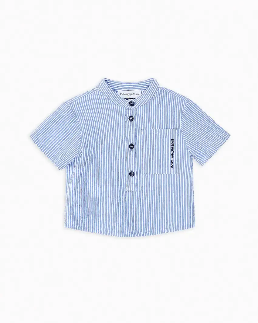 Camicia coreana mezza manica a righe azzurre e bianche