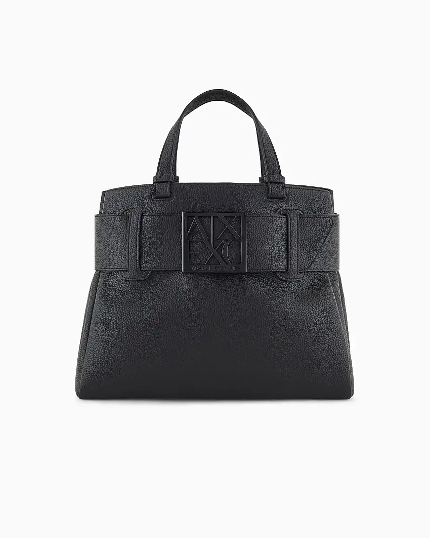 Borsa a mano piccola nera in similpelle martellata con maxi fibbia logo tono su tono