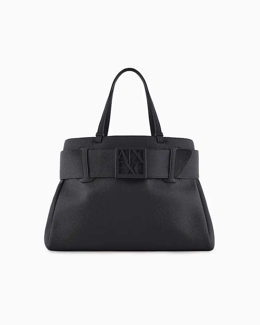 Borsa a spalla grande nera in similpelle martellata con maxi fibbia logo tono su tono