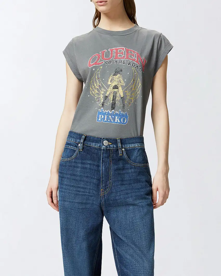 T-shirt color piombo slim-fit in jersey di cotone con stampa grafica rock frontale con strass applicati