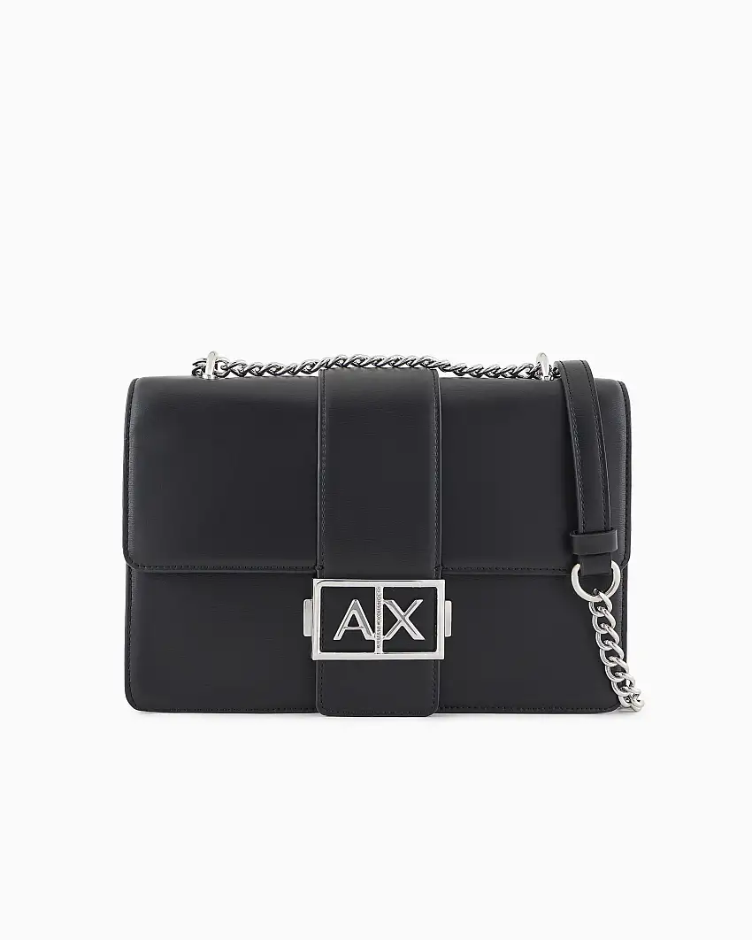 Borsa a tracolla nera in similpelle liscia con patta e fibbia logo in metallo argento