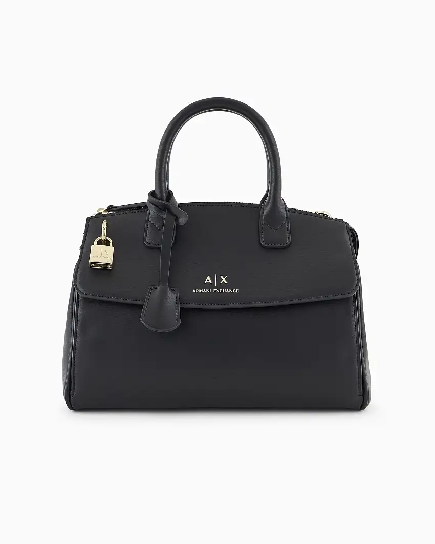 Borsa a bauletto nera piccola in similpelle liscia con logo e charm a lucchetto dorati