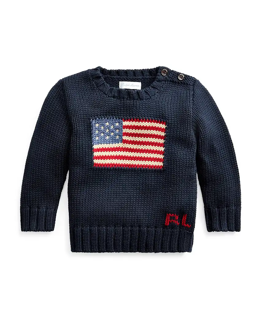 Maglia Polo Ralph Lauren blu girocollo in cotone con bandiera USA e sigla RL jacquard