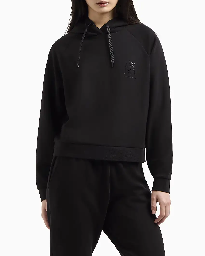 Felpa nera cropped in misto viscosa con cappuccio con maxi logo in strass