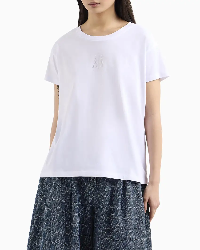 T-shirt bianca relaxed-fit in jersey di puro cotone con logo piccolo in strass centrale sul petto